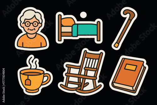 Elderly lifestyle stickers cozy symbols of senior living and leisure
