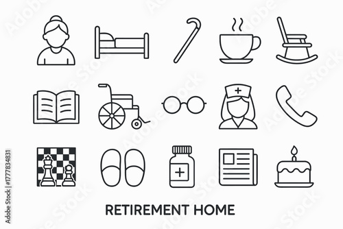 Minimalist retirement home essentials icons for senior care and daily life