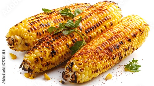 Fototapeta Naklejka Na Ścianę i Meble -  Three ears of grilled corn on the cob with parsley garnish on a white surface close up studio shot