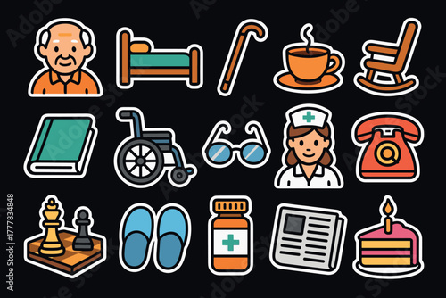 Healthcare and lifestyle icons for seniors flat style collection
