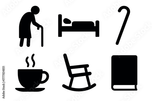 Collection of silhouette icons for elderly and home comfort themes