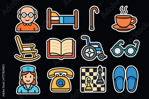 Elderly care icons set featuring healthcare and lifestyle essentials