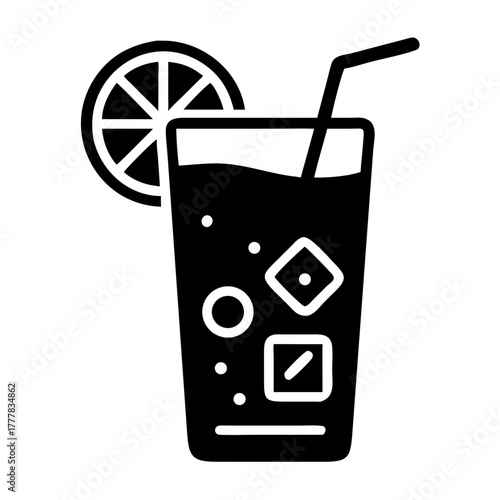 Black icon of a refreshing drink with ice and lemon slice icon