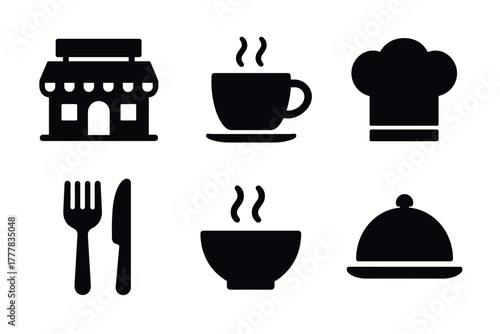Silhouette icons of restaurant elements cup, chef hat, cutlery, and more