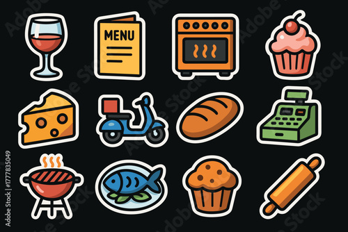 Colorful food and cooking icons wine, menu, oven, cupcake, cheese, scooter, bread, cash register, bbq grill, fish, muffin, rolling pin