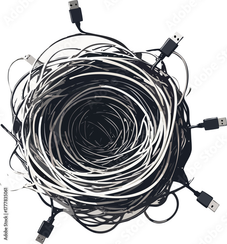 bird nest made of tangled cables and USB cords, digital life commentary