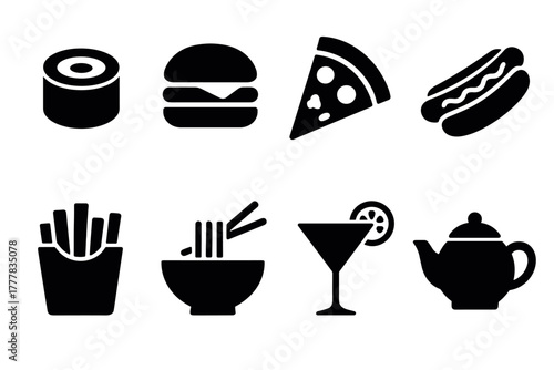 Silhouette icons of fast food and drinks sushi, burger, pizza, and more