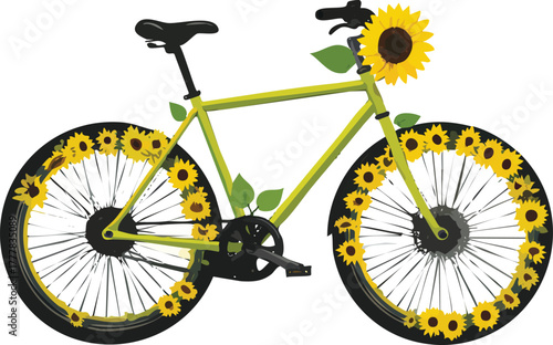 bicycle whose wheels are made of sunflowers, environmental transport