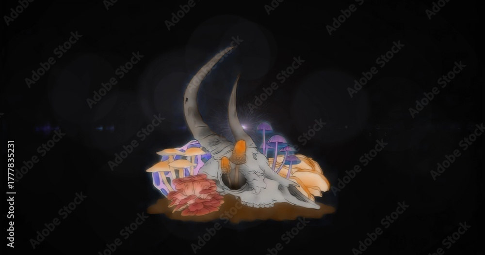 Fototapeta premium Resting skull with horns on earth in void, featuring mushrooms, coral fungus, floating lens flares