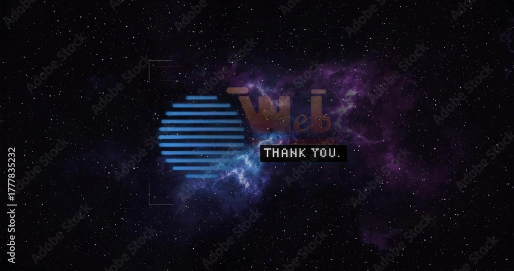 Fototapeta premium Displaying logo floating in deep space, with blue striped circle, Web text and THANK YOU label
