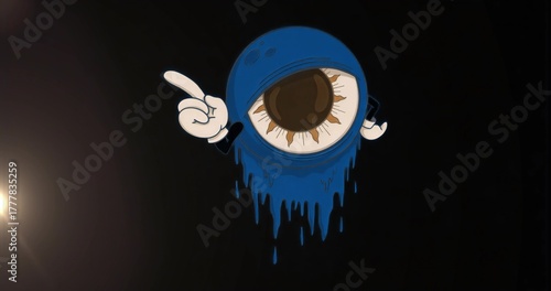 Floating blue orb featuring large eye and pointing white gloves in dark space, with light flare