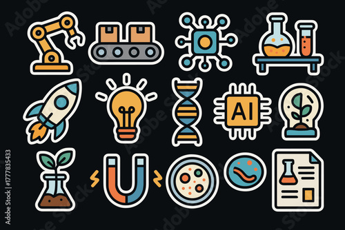 Colorful science and technology icons set featuring ai, robotics, and genetics on dark background