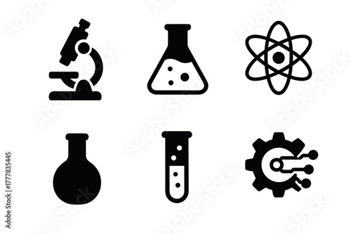 Science icons set featuring microscope atom and lab equipment in silhouette style