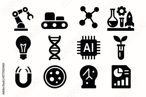 Innovative technology icons robotics, ai, science, and industry concepts