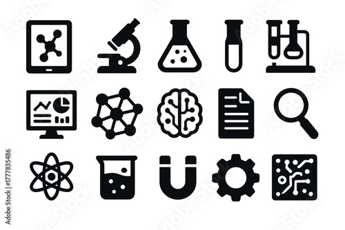 Laboratory icons set featuring scientific equipment and symbols in simple silhouette style