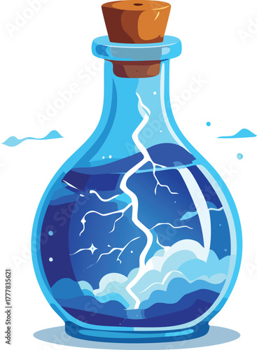 crystal bottle containing a miniature thunderstorm, magical realism vector