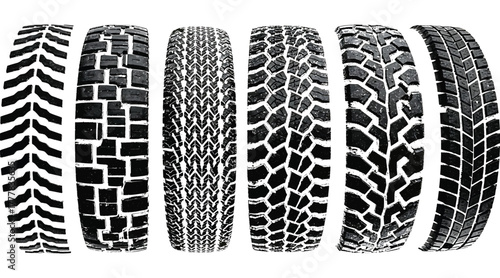 Diverse tire tread patterns isolated on white background a collection of automotive rubber designs for various vehicle types and terrains, showcasing grip and traction