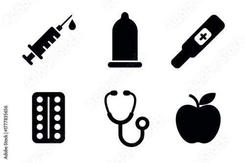 Medical and wellness icons syringe, condom, pregnancy test, pills, stethoscope, apple
