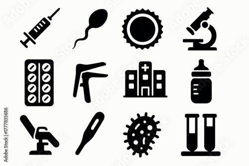 Set of medical icons featuring healthcare and lab equipment in bold silhouette style
