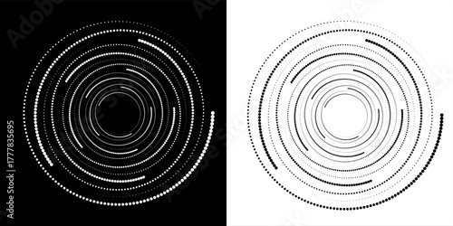 Circle abstract background with dynamic halftone dots like arrows. Black shape on a white background and the same white shape on the black side.