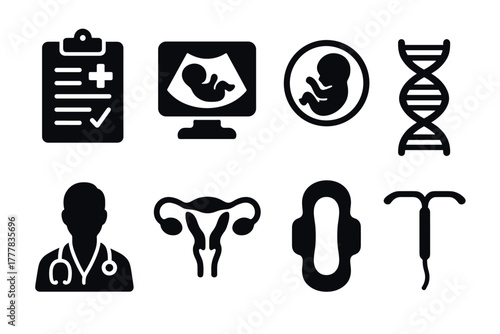 Healthcare icons set pregnancy, dna, medical tools and doctor silhouettes