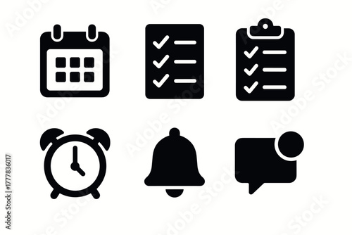 Essential minimalist icons calendar, checklist, alarm, notification, and message bubble