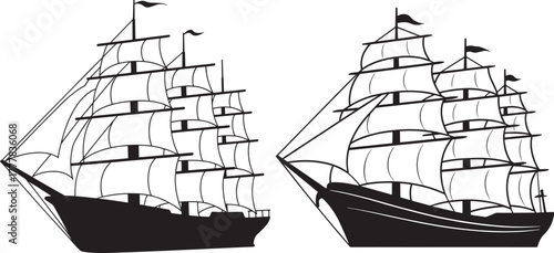 Silhouette set of Sailing Ships and Pirate Ships vector illustrator