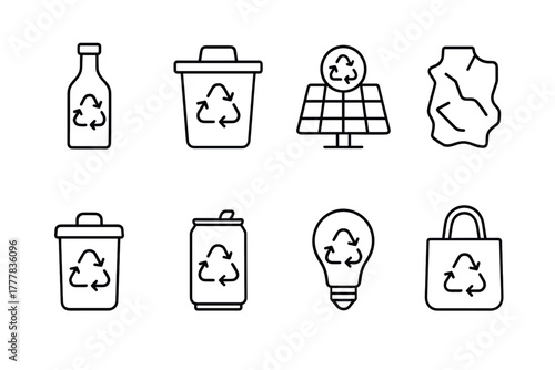 Ecofriendly icons set featuring recycling, sustainability, and renewable energy symbols