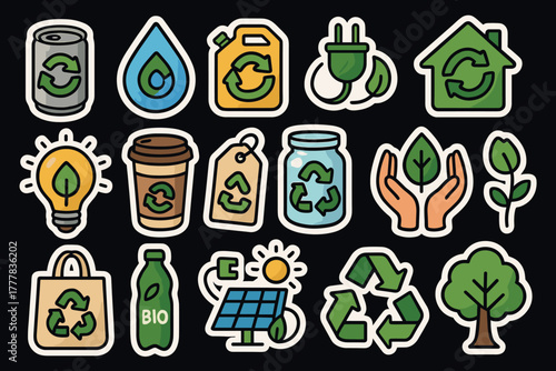 Ecofriendly sticker set with recycling symbols and sustainable icons for green living