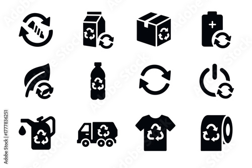 Ecofriendly icons recycle and sustainability symbols in black silhouette style