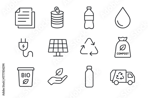 Ecofriendly recycling and sustainability icons in minimalist linear style