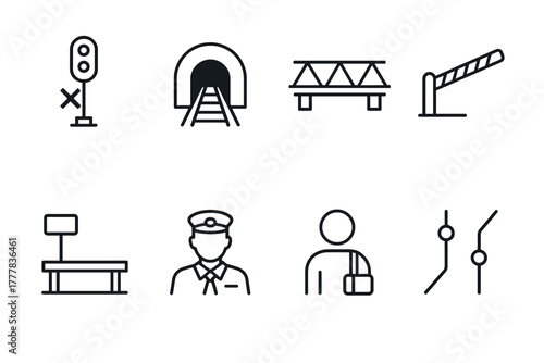 Railroad icon set modern linear design of rail elements and figures