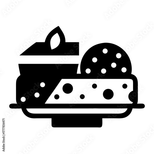 Slice of swiss cheese with holes on a plate, icon