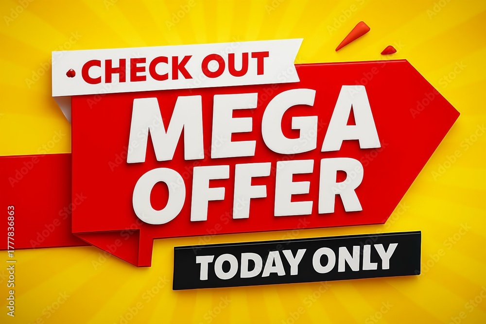 Fototapeta premium Bright red arrow sign announcing a mega offer and sale today only on a vibrant yellow background