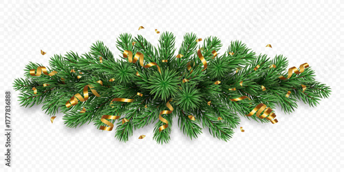 Vector realistic pine tree branches with golden confetti and ribbons isolated on a transparent background. Holiday Christmas tree seamless garland for winter decoration banner, poster, greeting card.