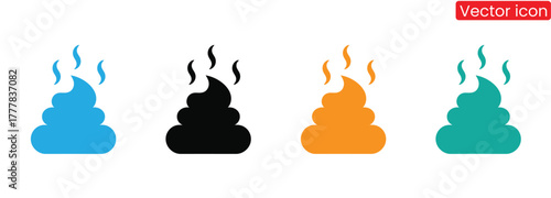 Colorful poop icons with smoke for humorous designs about health, sanitation, or toilet training. Playful cartoon style, perfect for educational or comedic content.