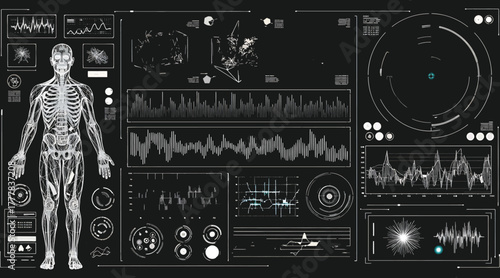 A complex human body diagnostic interface displaying anatomical data and vital signs, representing advanced medical technology and healthcare monitoring, isolated on white background