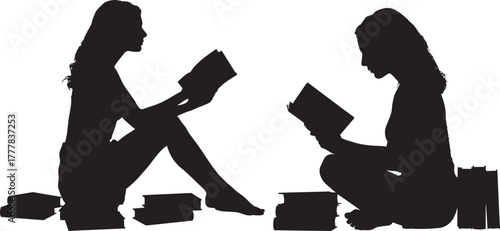silhouettes two woman sitting on the floor surrounded by books and reading, vector illustration