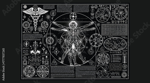 Vitruvian man anatomical study in black and white, showcasing human proportions, medical symbols, and intricate details, reminiscent of leonardo da vincis masterpiece