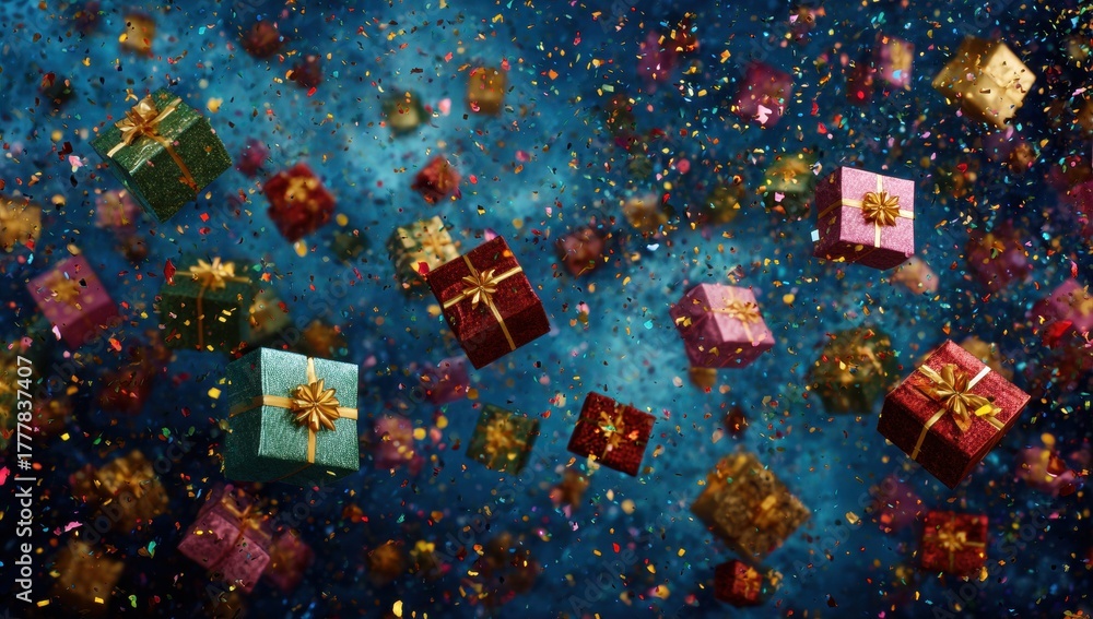 Naklejka premium multicolored xmas gift boxes and presents falling amidst a shower of confetti and particles against a vibrant xmas background