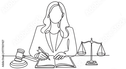 continuous line art drawing Woman judge holds a judge's gavel in her hand. Vector illustration
