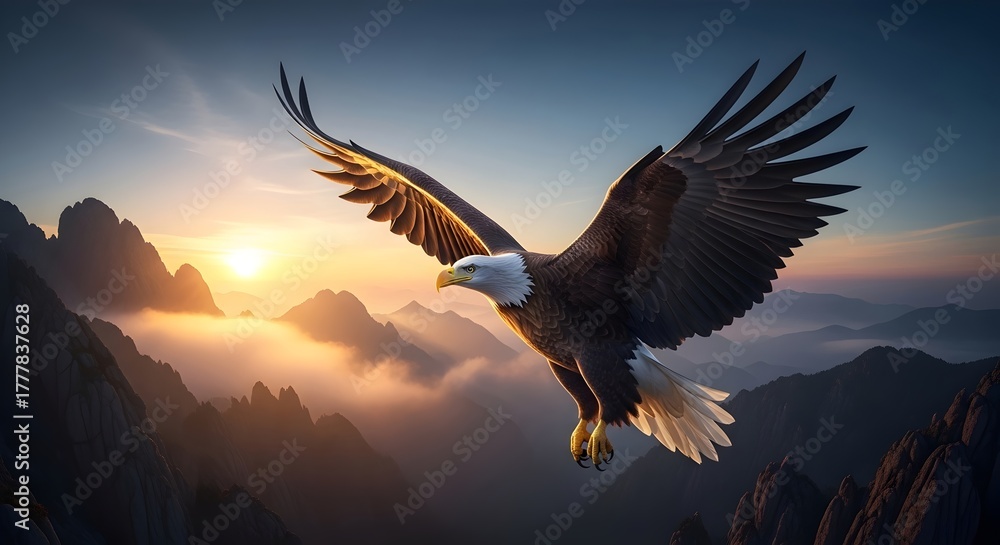 Fototapeta premium Soaring Eagle Above Misty Mountains — Symbol of Freedom and Power