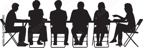 silhouette of a group of six people sitting around a table, typically representing a business meeting or team collaboration. vector illustrator