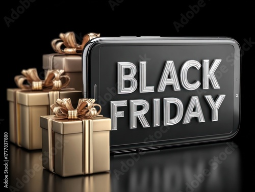 A mobile device displays Black Friday alongside elegant gift boxes ready for holiday shopping
