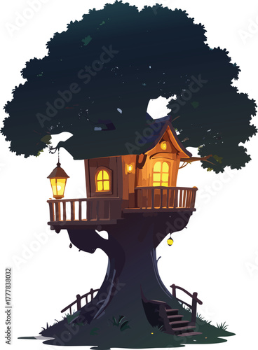Treehouse Shaped Like a Lantern Glowing at Night in a Magical Realism Setting