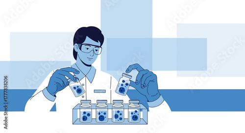 Scientist analyzing cell cultures in vials for medical research advancement and diagnostics