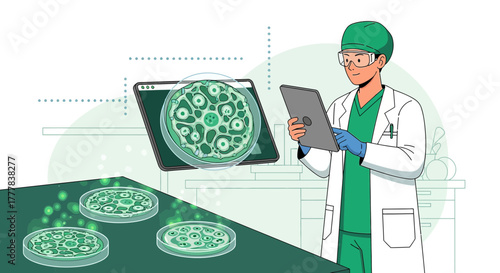 Scientist analyzing bacterial cultures on petri dishes in a laboratory environment using technology