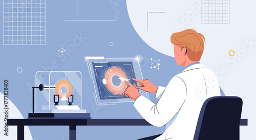 Scientist conducting medical research on eye analysis with advanced technology interface