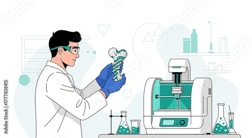 Scientist examining 3D printed bone sample in a modern laboratory environment showcasing advanced