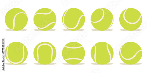 Set of different yellow tennis balls. Flat vector illustration isolated on white background.